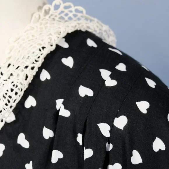 Ruth - Heart Print Cotton Blouse with Up-cycled Collar - Size Medium/Large